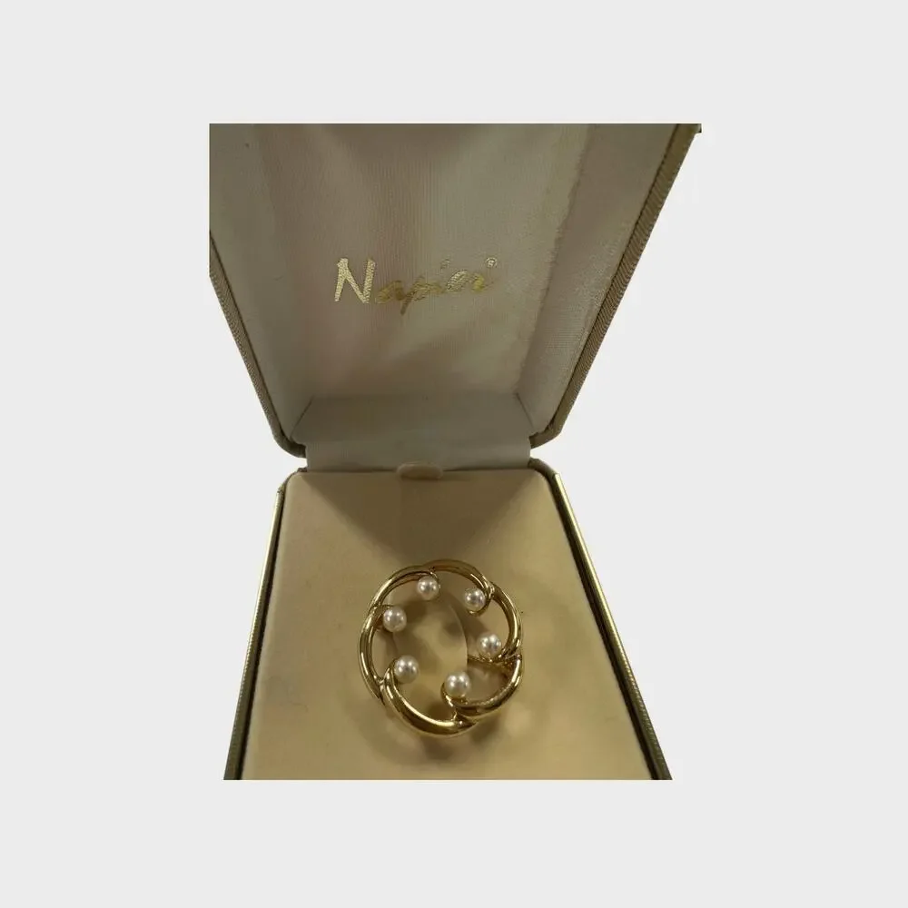 Napier Circle Of Pearls Goldtone Brooch In Original Box Faux Pearl Pin